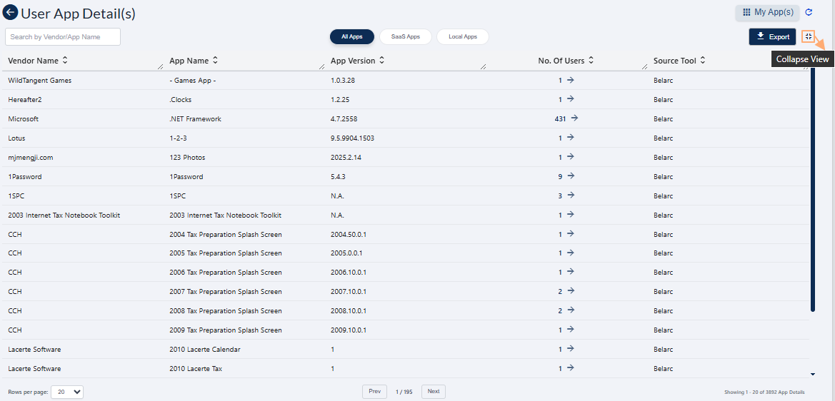 Collapse icon in User Device Detail(s) above the expanded grid view
