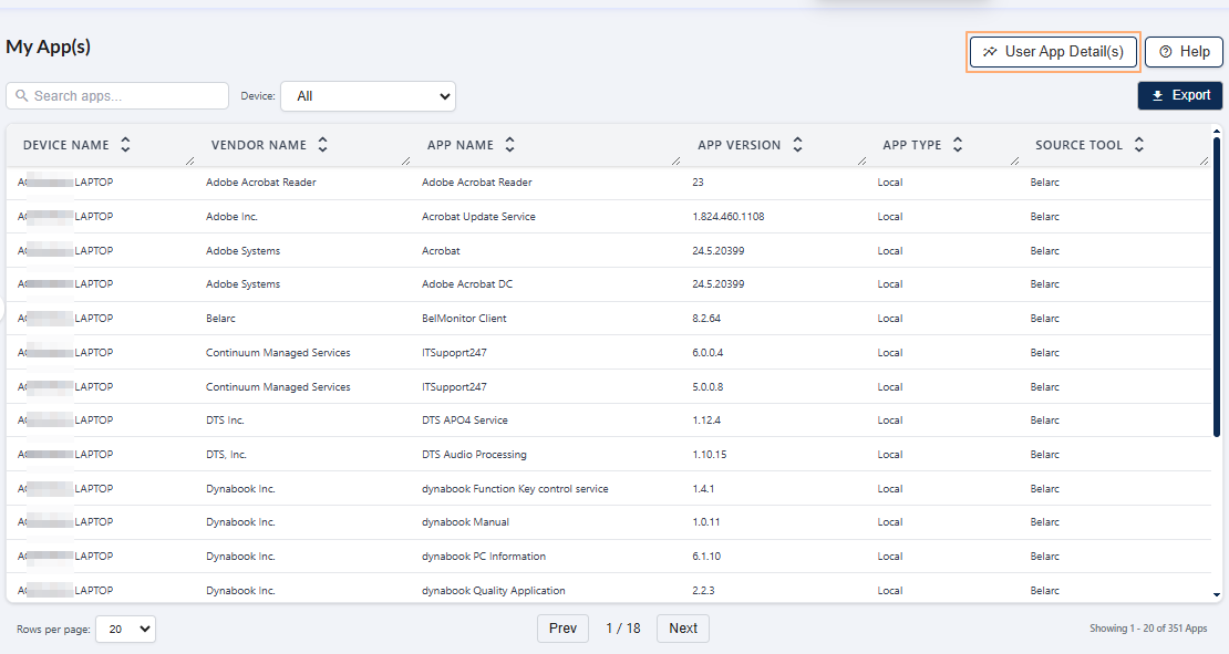 User App Details(s) button