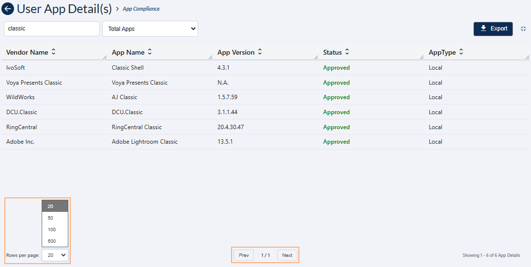 Pagination options of the expanded grid view