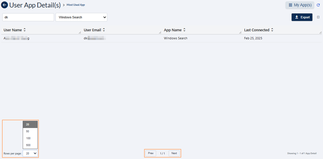 Pagination options of the expanded grid view