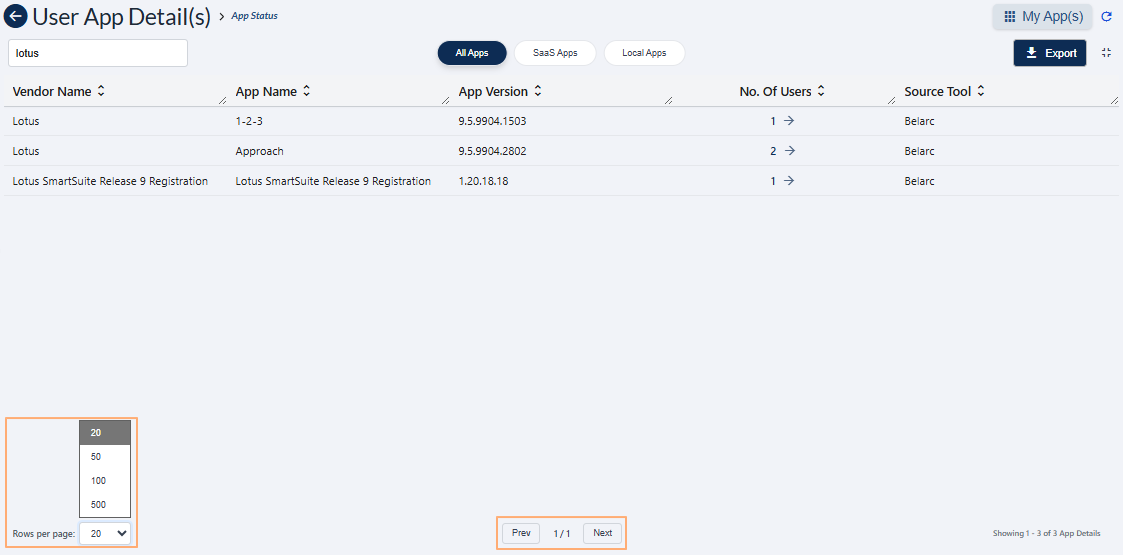Pagination options of the expanded grid view