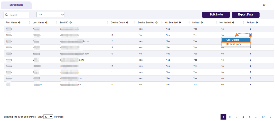 User Details menu option