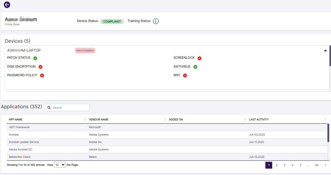 Detailed view of devices and SaaS applications associated with the user