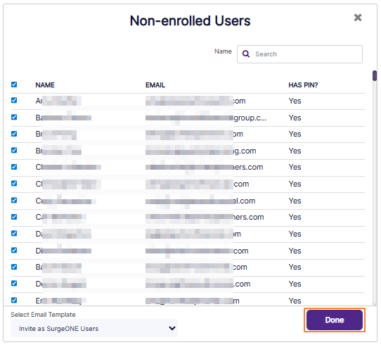 Clicking on Done to invite selected non-enrolled users