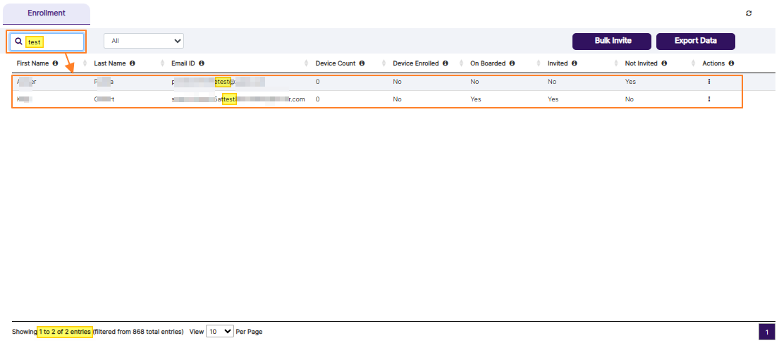 Using the search bar to find matching entries