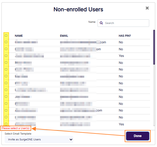 Validation prompt to select user(s) to invite