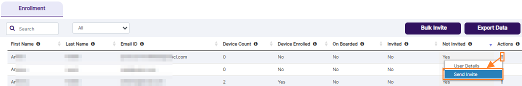 Send Invite menu option