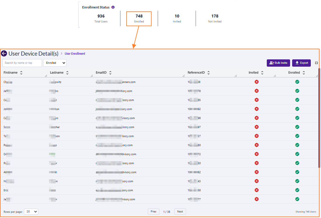 Enrolled Users grid display