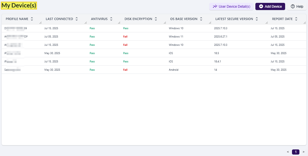 View of the My Device(s) screen