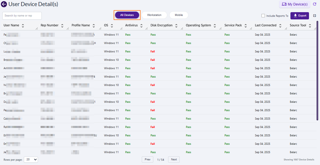 All Devices tab view showing sample records