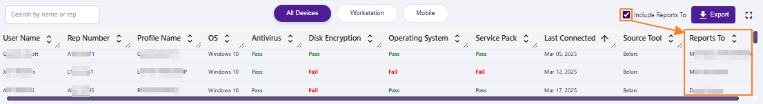 Reports To column visibility when the Include Reports To checkbox is selected