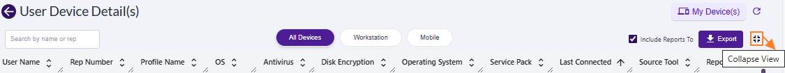 Collapse icon in User Device Detail(s) above the expanded grid view