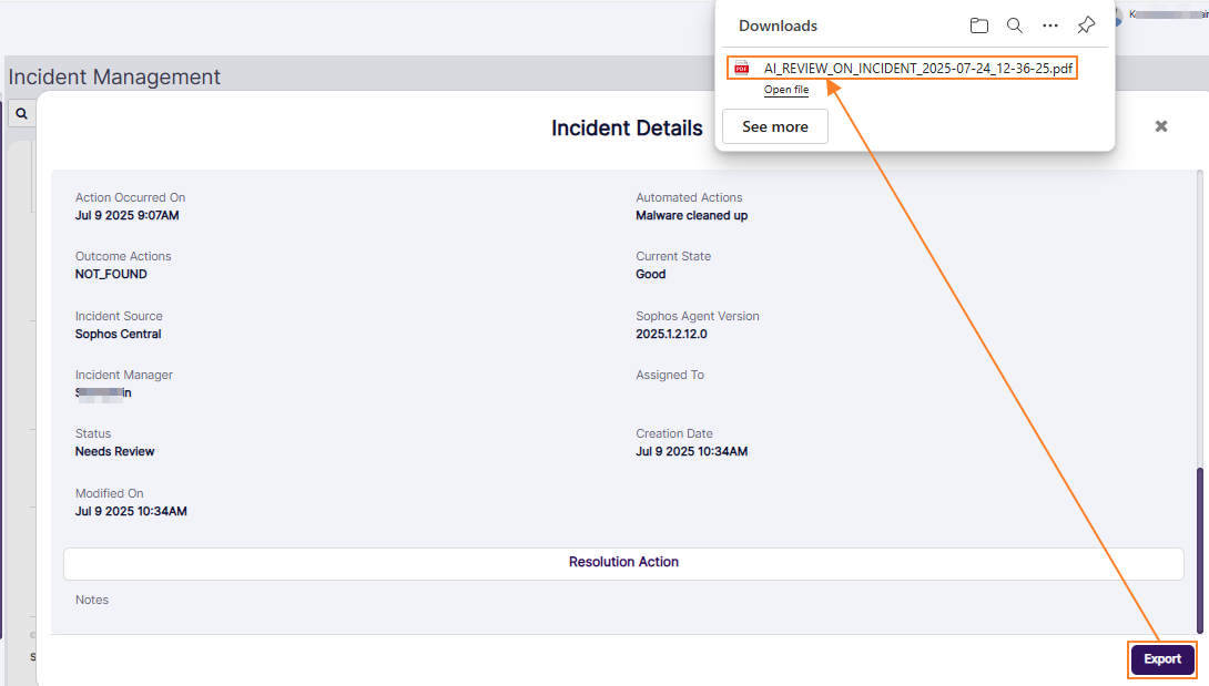 Export button of Incident Details modal window
