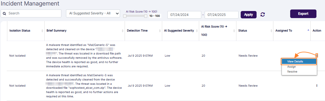 View Details option to view the incident details
