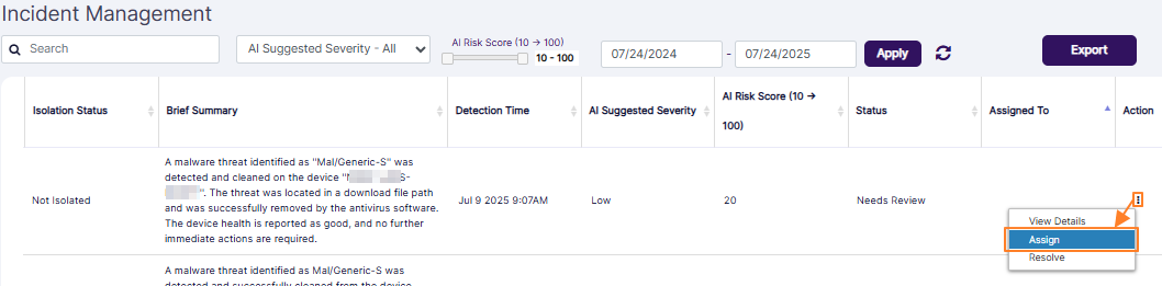 View of the toggled Assign menu option