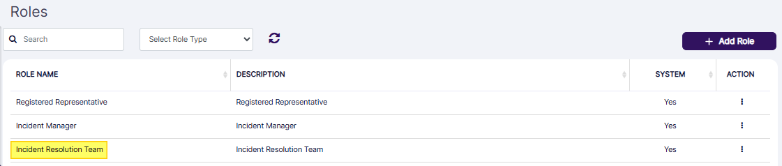View of the Incident Resolution Team in Roles page