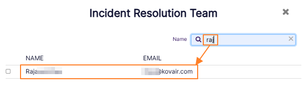Searching for a user in the Incident Resolution Team modal window