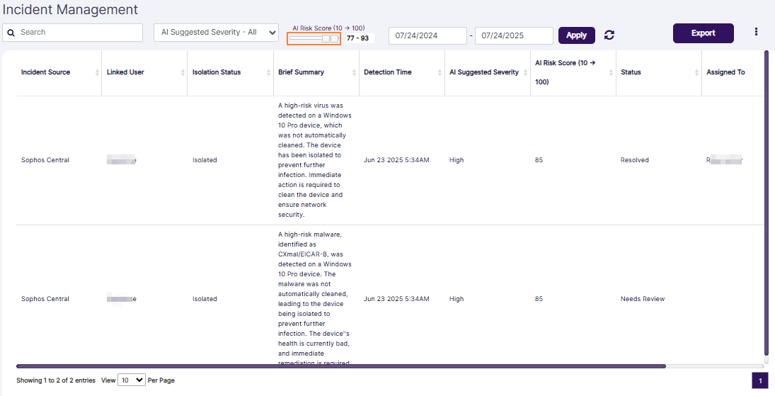 Custom range set in AI Risk Score slider