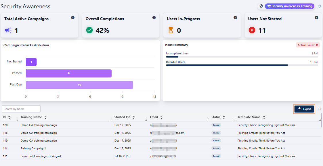 Export button in Security Awareness Training