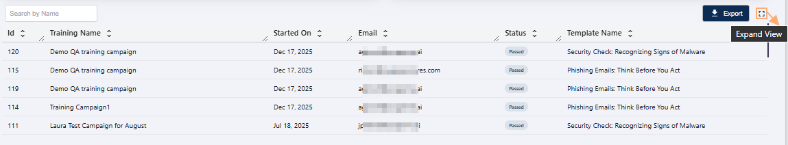 Expand icon in Security Awareness