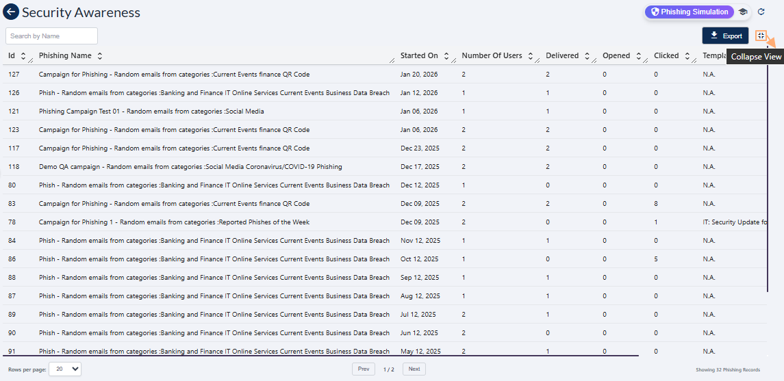 Collapse icon in Security Awareness > Phishing Simulation above the expanded grid view