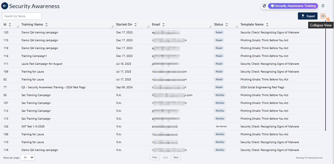 Collapse icon in Security Awareness above the expanded grid view