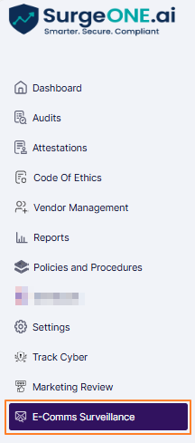 E-Comms Surveillance sub-menu option under the Settings menu option