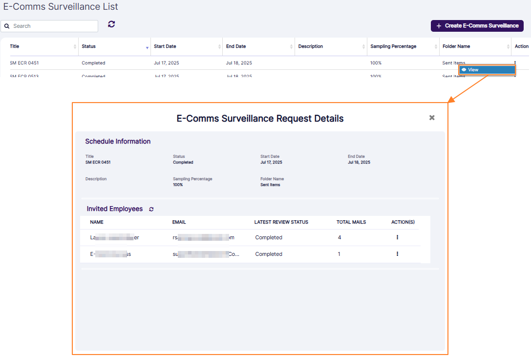 Loading the E-Comms Surveillance Request Details modal window