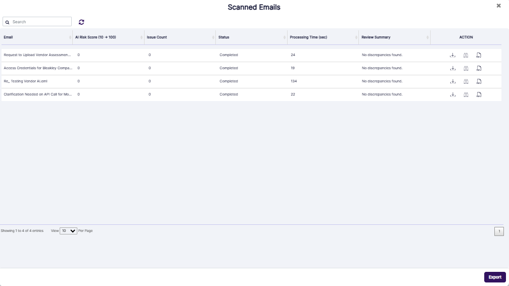 Scanned Emails modal window