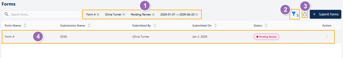 Elements of the page after setting the filters