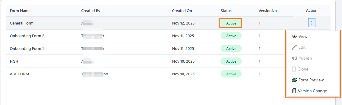 Action column menu options of a form with Active status
