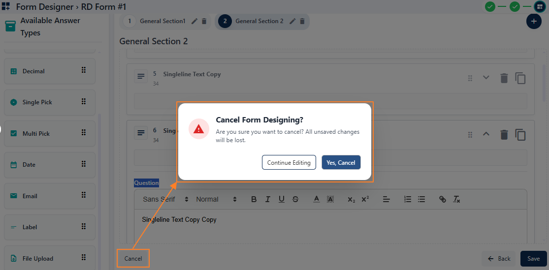 Validation on Cancel operation