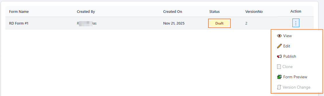 Action column menu options of a form with Draft status