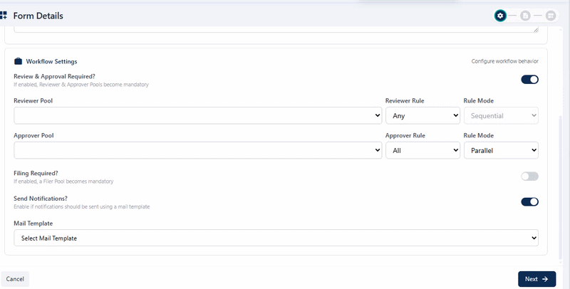 Loaded Filer Pool dropdown and related dropdowns after Require Filing? slider enabling