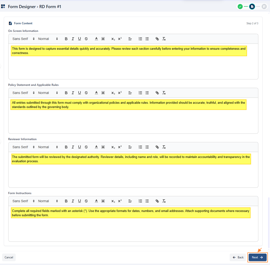 View of the entered data and Next button