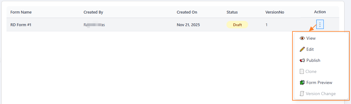 Action column menu options