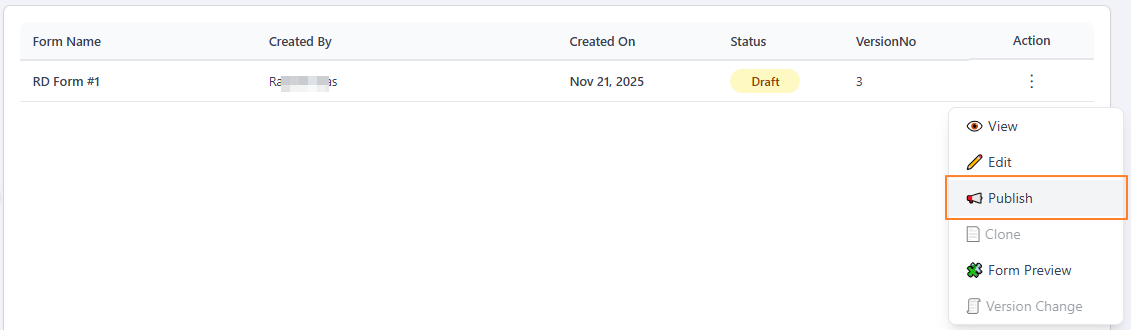 Clicking on the Publish menu option