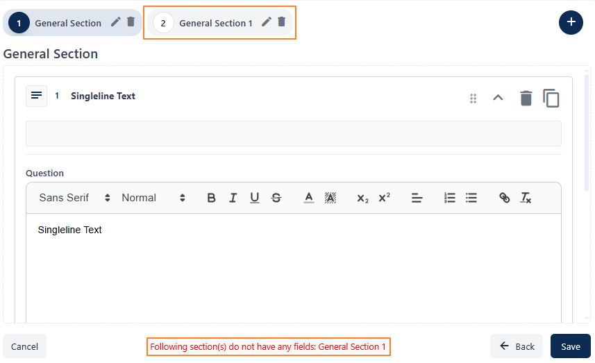 Validation on field selection when multiple sections are present