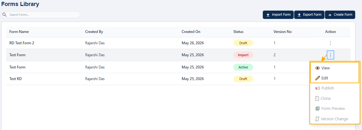 View and Edit menu options in selectable state