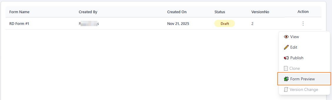 Clicking on the Form Preview menu option