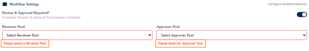 Field validations of Workflow Settings section