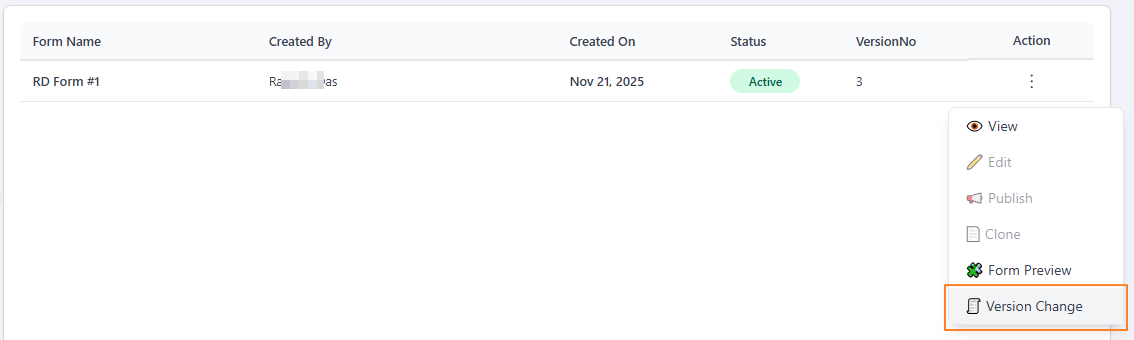 Clicking on the Version Change menu option