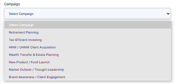 Setting the applicable Campaign using the provided dropdown options