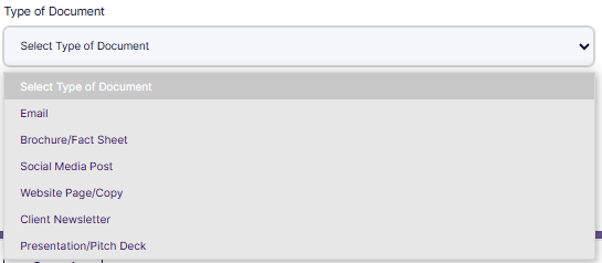 Setting the applicable Type of Document using the provided dropdown options