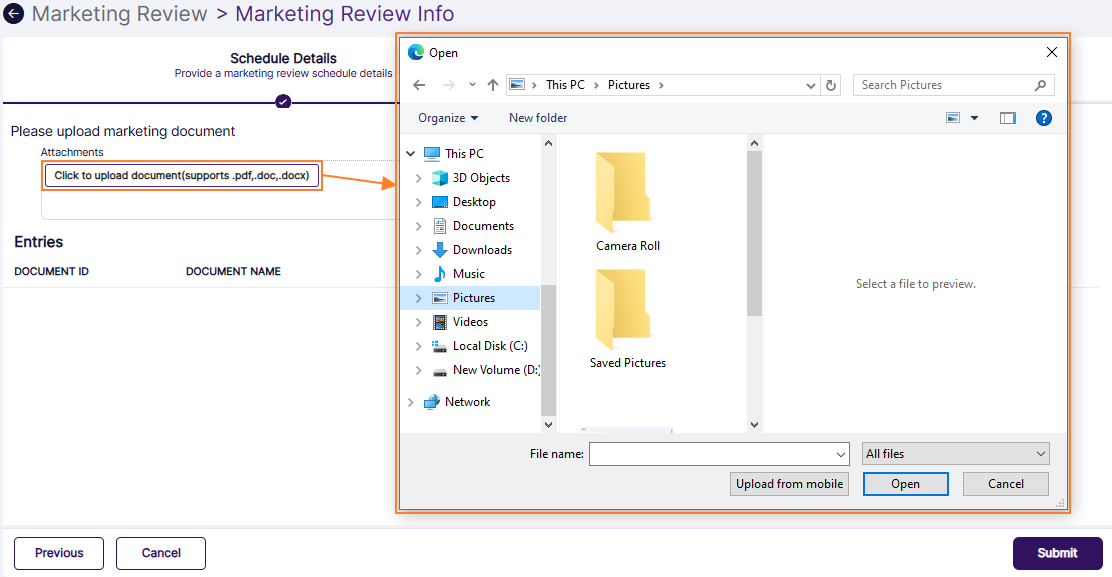 Loaded modal window to upload document for review