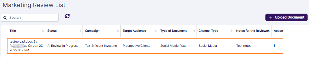 View of the created entry