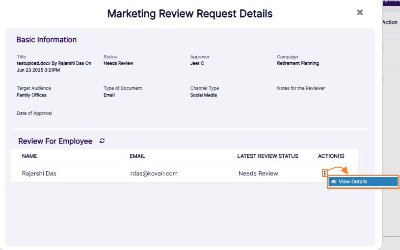 Clicking on the View Details menu option
