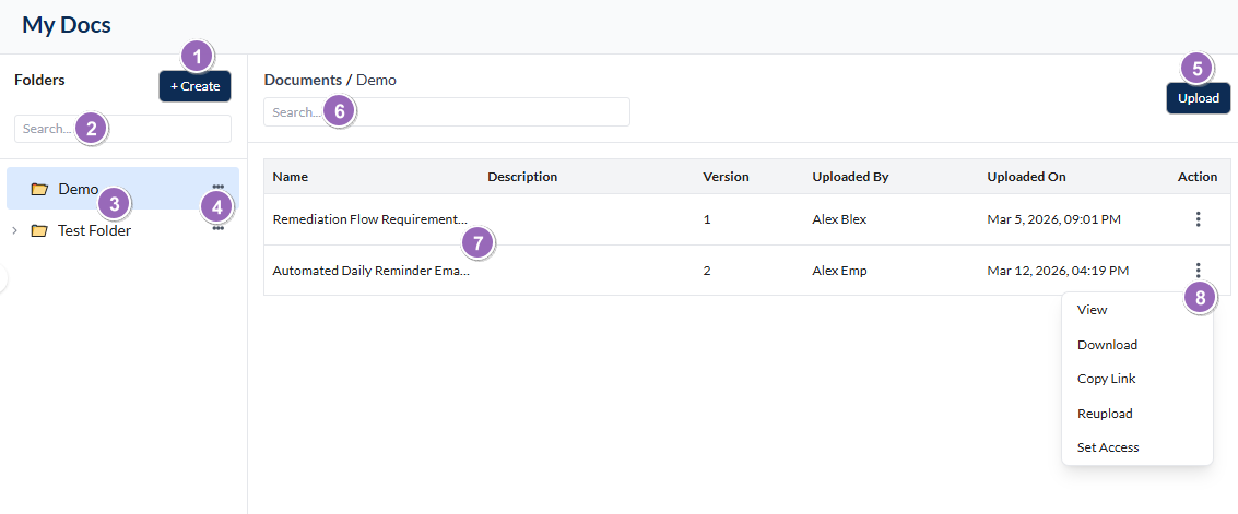 Fig: 4 - Understanding the various elements of the My Docs page