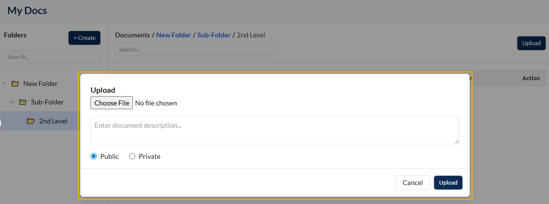 Upload modal window