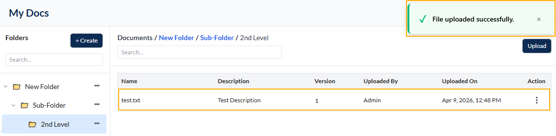 Uploaded file listed in right panel grid view and success notification triggered